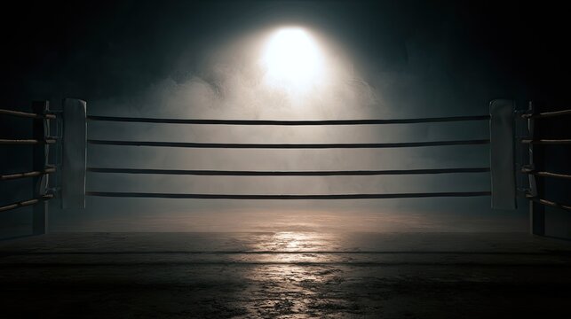 Empty boxing ring under dramatic spotlight and smoke
