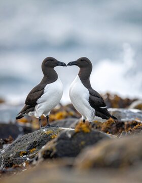 Two black and white seabirds, possibly common murres or guillemots, stand on dark rocks by the ocean, facing each other with their beaks nearly touching.
