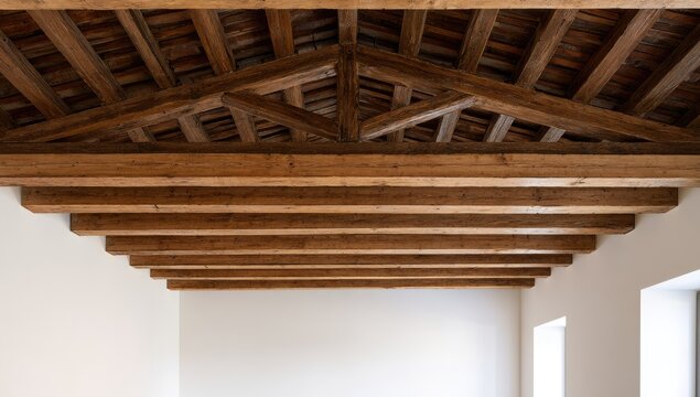 Exposed wooden beam ceiling with complex geometric truss structure