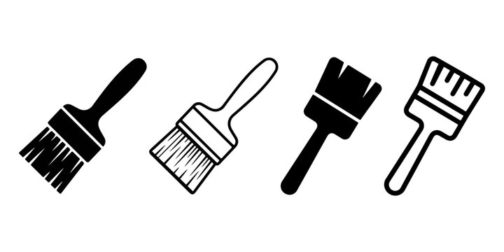 Four black and white paint brush in a row on a white background paintbrush tool painting