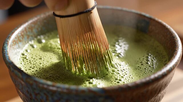 Close up of authentic chasen bamboo whisk mixing vibrant matcha powder