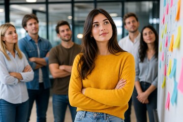 Obraz premium Young woman thinking during a creative team meeting in a modern office environment