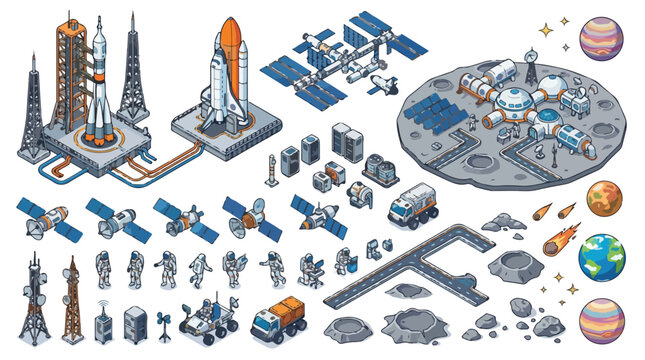 Isometric space exploration vector set, rocket launch pad and lunar base station icons, astronaut and satellite collection for infographics