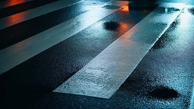 illuminated crosswalk at night on urban street with concrete and metal surfaces, modern urban scene with blue and white tones, ground-level perspective, clean commercial background.