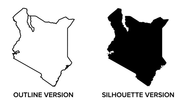 Kenya Map Outline and Silhouette: A clear, simplified outline and solid silhouette representation of the country of Kenya, perfect for cartographic or design purposes.