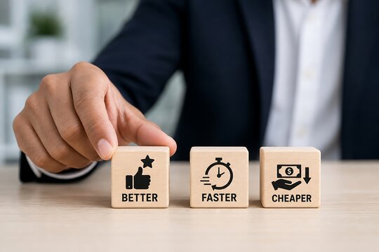 Businessman holding wooden blocks with better, faster, and cheaper business concepts