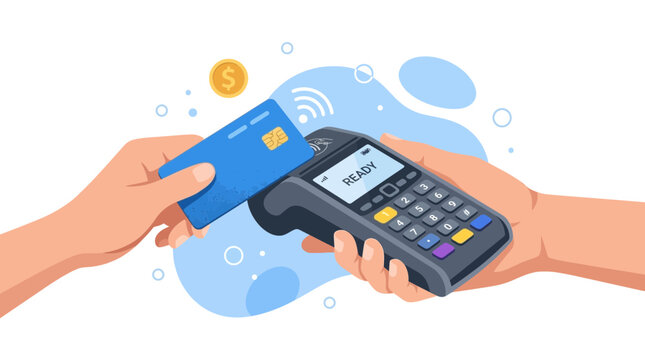 Customer performing a contactless payment with a credit card at a POS terminal, displaying 'READY' screen.