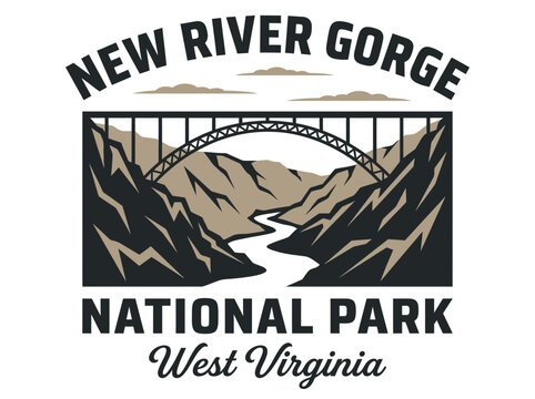 New River Gorge National Park illustration featuring iconic bridge over river valley in West Virginia
