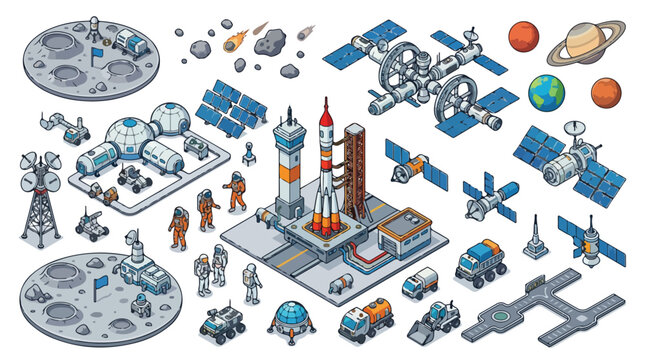 Isometric space exploration vector set, futuristic moon base and rocket launch station, galaxy colonization icons for science infographics