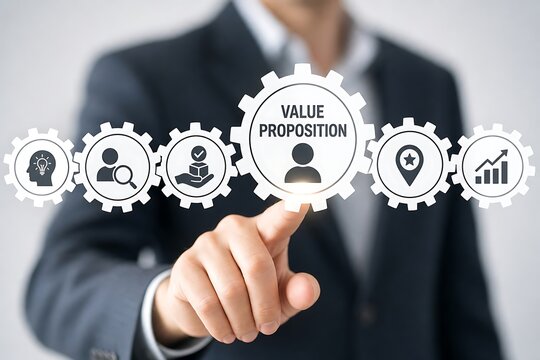 Businessman touching gear icons representing value proposition and customer service