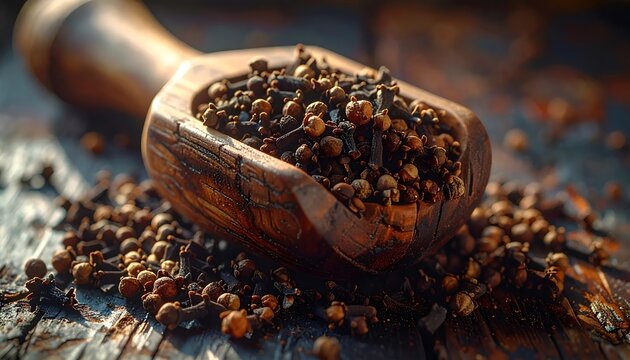 High Angle View of Aromatic Dried Whole Cloves in a Vintage Wooden Scoop on Dark Rustic Table Surface