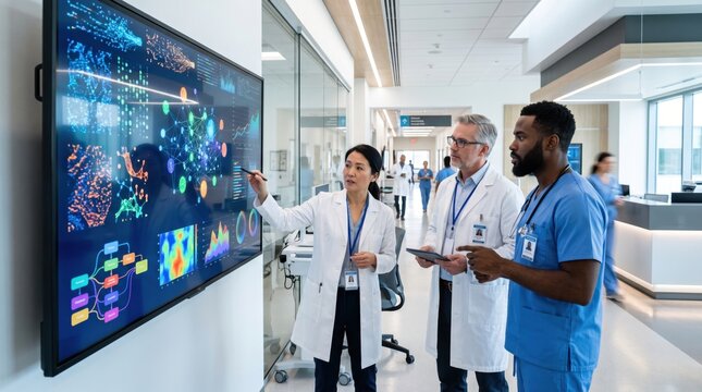 Doctors reviewing large medical data wall