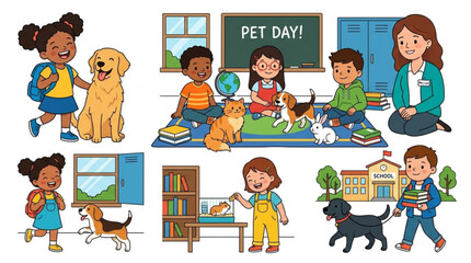 Naklejka na ściany i meble kids with pets in classroom and home joyful children with puppies cats and birds engaging in learning and playing