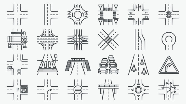 Corporate Minimalist Black and White Road Signs and Traffic Symbols Set with high quality professional line art symbols for modern creative design and digital branding projects