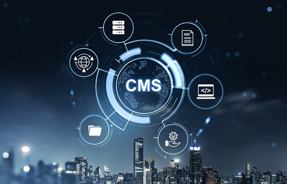 Digital CMS interface with futuristic icons over city skyline illustrating content management and technology ecosystem network concept.