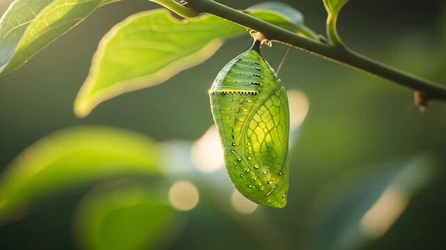 A vibrant green chrysalis hangs delicately from a slender tree branch