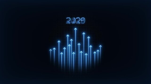 2029 financial growth forecast: neon blue digital bar graph with rising arrows for business success and market trends