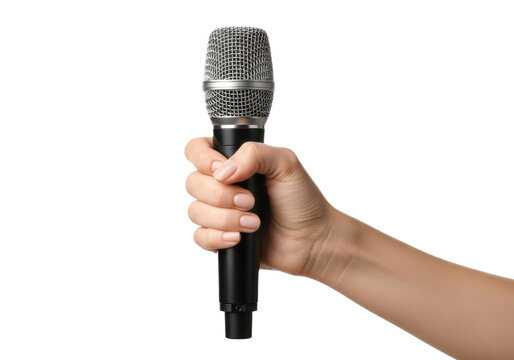 close-up of a mid-20s woman's hand with a neutral manicure gently gripping a silver and matte black professional dynamic microphone on a transparent background. Concept of communication authority