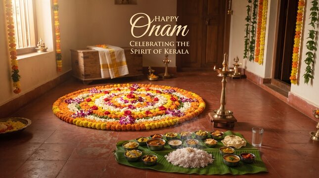 Vibrant onam sadhya feast and pookalam flower carpet in a traditional kerala home