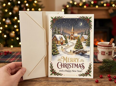 Hand holding white envelope next to open christmas card with snowy village scene and festive greeting on wooden table.