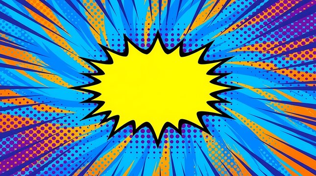 Vibrant comic starburst bubble with blue and orange rays.