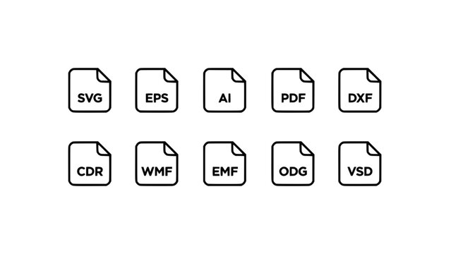 File Icons Representing Various Vector Graphic File Formats Arranged in Two Rows Featuring Icon, Format, Svg with Eps and Ai