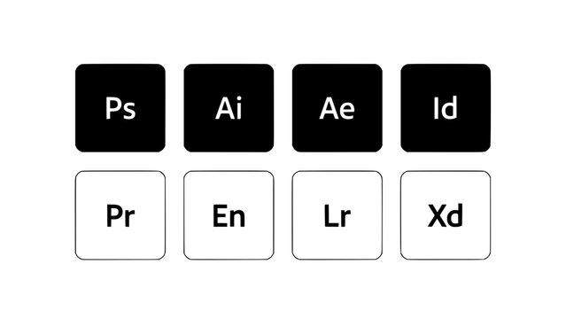 Icons Representing Ps, Ai, Ae, Id, Pr, En, Lr, Xd Arranged in Two Rows Featuring Ps, Ai, Ae with Id and Pr Elements for En, Lr