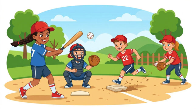 Girls and boys playing baseball in park with trees and blue sky during daytime