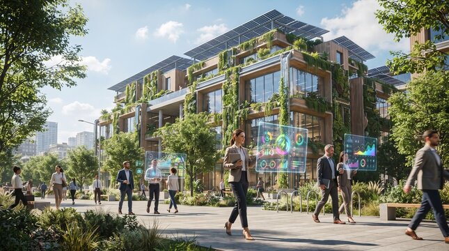 Modern Sustainable Office Building with Green Architecture and AI Energy Management