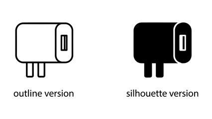 Power Adapter Icons: A set of icons featuring a power adapter in both outline and silhouette versions, ideal for representing technology and connectivity. © Alomgir