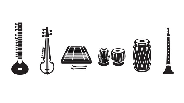 Black and white Indian musical instruments icons set including sitar tanpura tabla and flute vector illustration