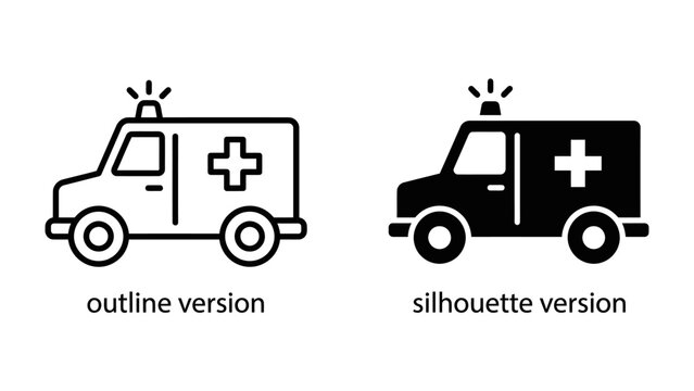 Ambulance Icons: A set of stylized ambulance icons in outline and silhouette versions, representing emergency medical services and healthcare.