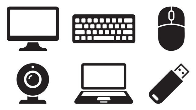 Set of computer and office equipment icons in solid black on white background for technology concepts