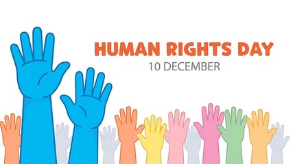 Diverse hands raised in unity for Human Rights Day. Multiethnic group celebrating equality and social justice on December 10th. Inclusive concept f...
