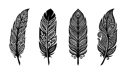 Bird feather silhouettes with decorative patterns vector illustration set © Rune Veil