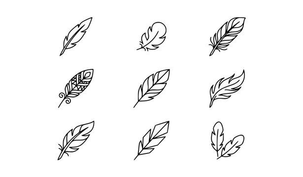 Minimal feather outline icons vector set with elegant bird elements