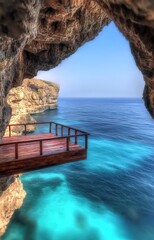 Fototapeta premium A serene ocean view from a rocky cave with a wooden dock