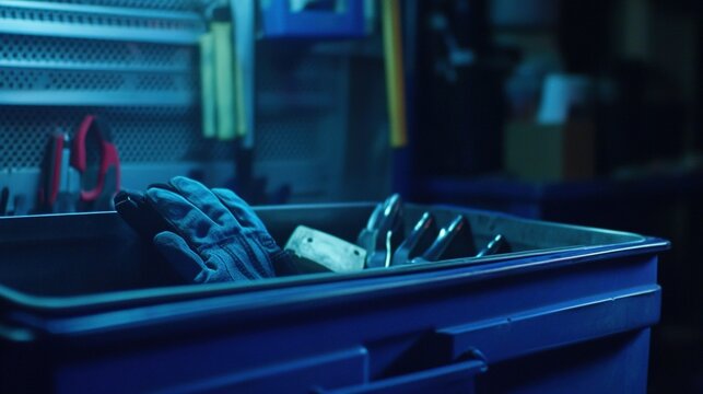 toolbox. Moonlight through a window casts a glove shadow in an empty toolbox. lifestyle magazines, social media lookbooks, designed for influencer and brand collaborations, inspires lifestyle.