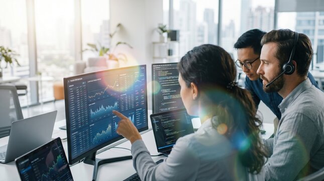 Financial traders monitoring stock market and crypto currency charts on multiple computer screens, investment analysis and day trading concept in bright office environment