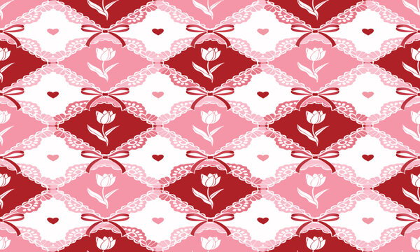 Vintage-Inspired Coquette Argyle Seamless Texture with Tulips and Hearts Featuring Argyle, Tulips, Hearts with Vintage
