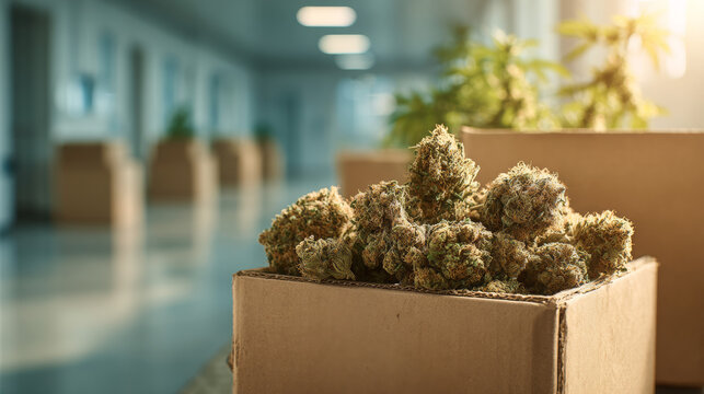Close-up of a cardboard box filled with freshly harvested cannabis buds in a bright, modern facility.