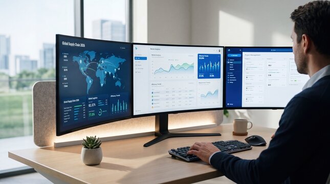 Business analyst monitoring global supply chain dashboards on triple monitor setup, data visualization for logistics optimization