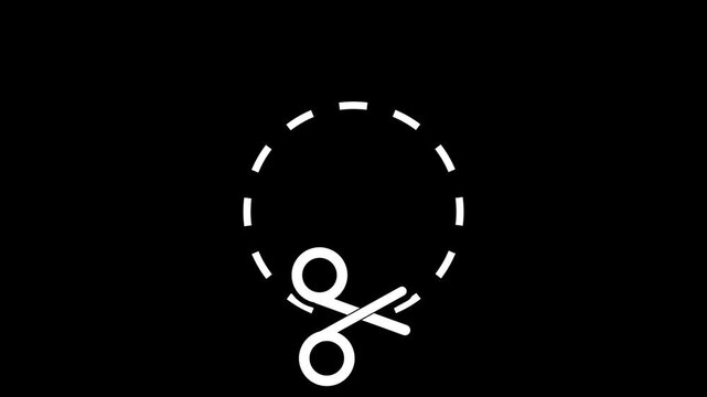 Simple black and white scissors cutting a dashed circle icon representing a cut here mark discount coupon or trim clip symbol for modern app design