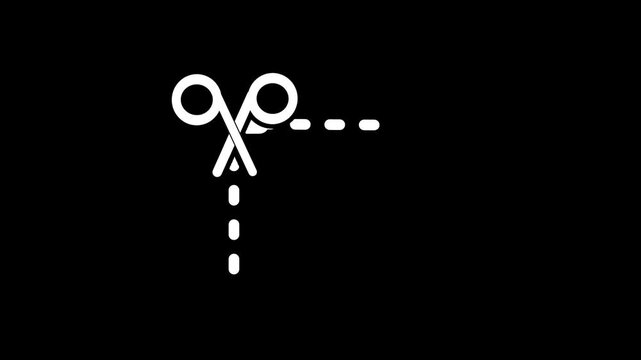 Simple black and white scissors cutting a dashed line with a small flag pole marker representing a trim edit or crop point symbol for modern apps