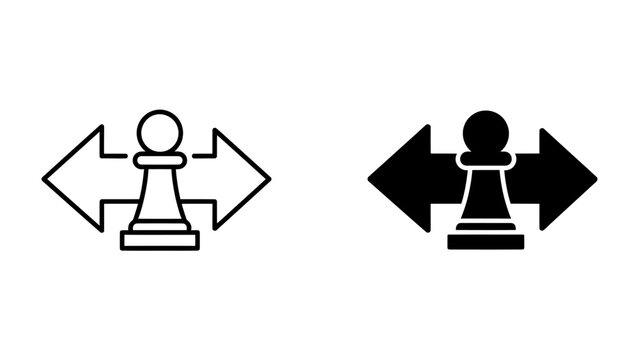 Decision Point: A chess pawn stands at a crossroads, facing two opposing arrows, symbolizing a crucial choice or strategic dilemma. The image is presented in both line art and solid icon styles.