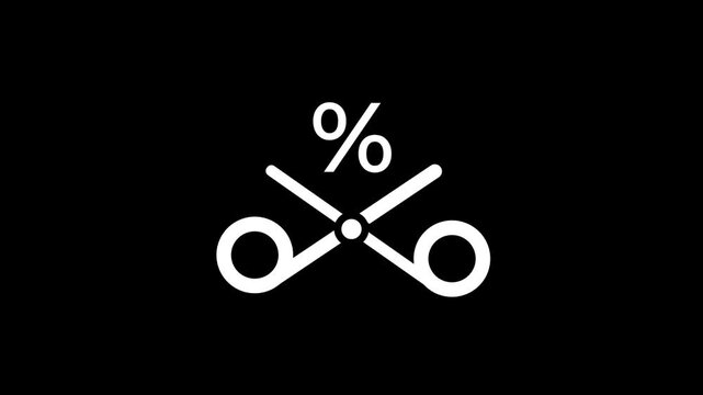 Simple black and white scissors icon combined with a percent sign representing a discount coupon sale or price cut deal symbol for modern app design