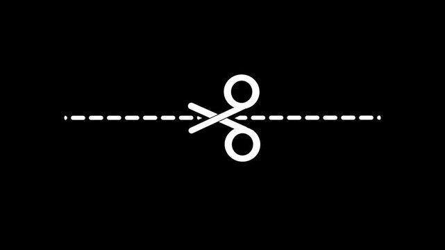 Simple black and white scissors cutting a horizontal dashed line icon representing a coupon trim cut here or crop guide symbol for modern app design