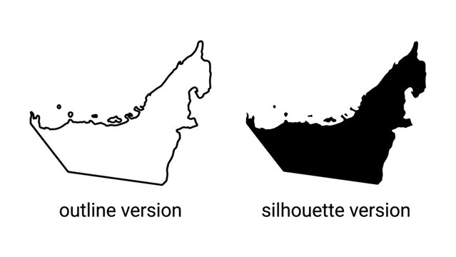 United Arab Emirates Map Outlines: Two graphic representations of the United Arab Emirates map, one in outline and the other as a silhouette.