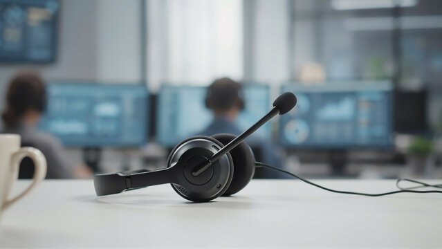 Close-up of a customer service headset on a desk with blurred call center office background