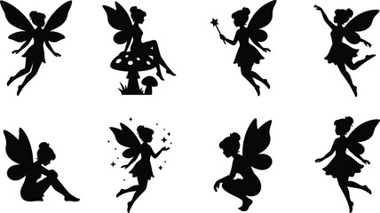 Obraz premium Fairy Silhouette Collection with Flying Magical Pixie Characters and Fantasy Winged Fairy Poses